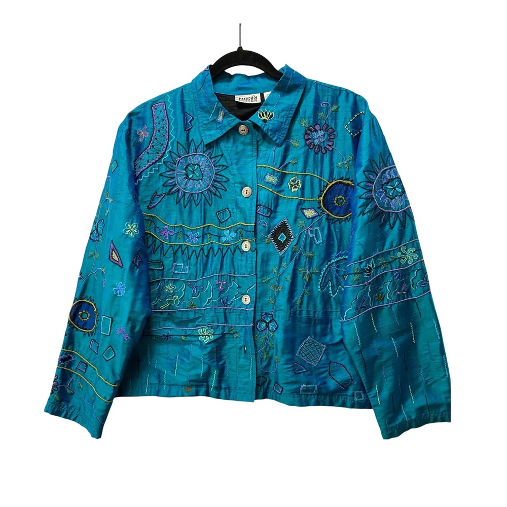 Chicos Design Silk Embroidered Jacket Women L  Teal Blue Art to Wear Boho Button